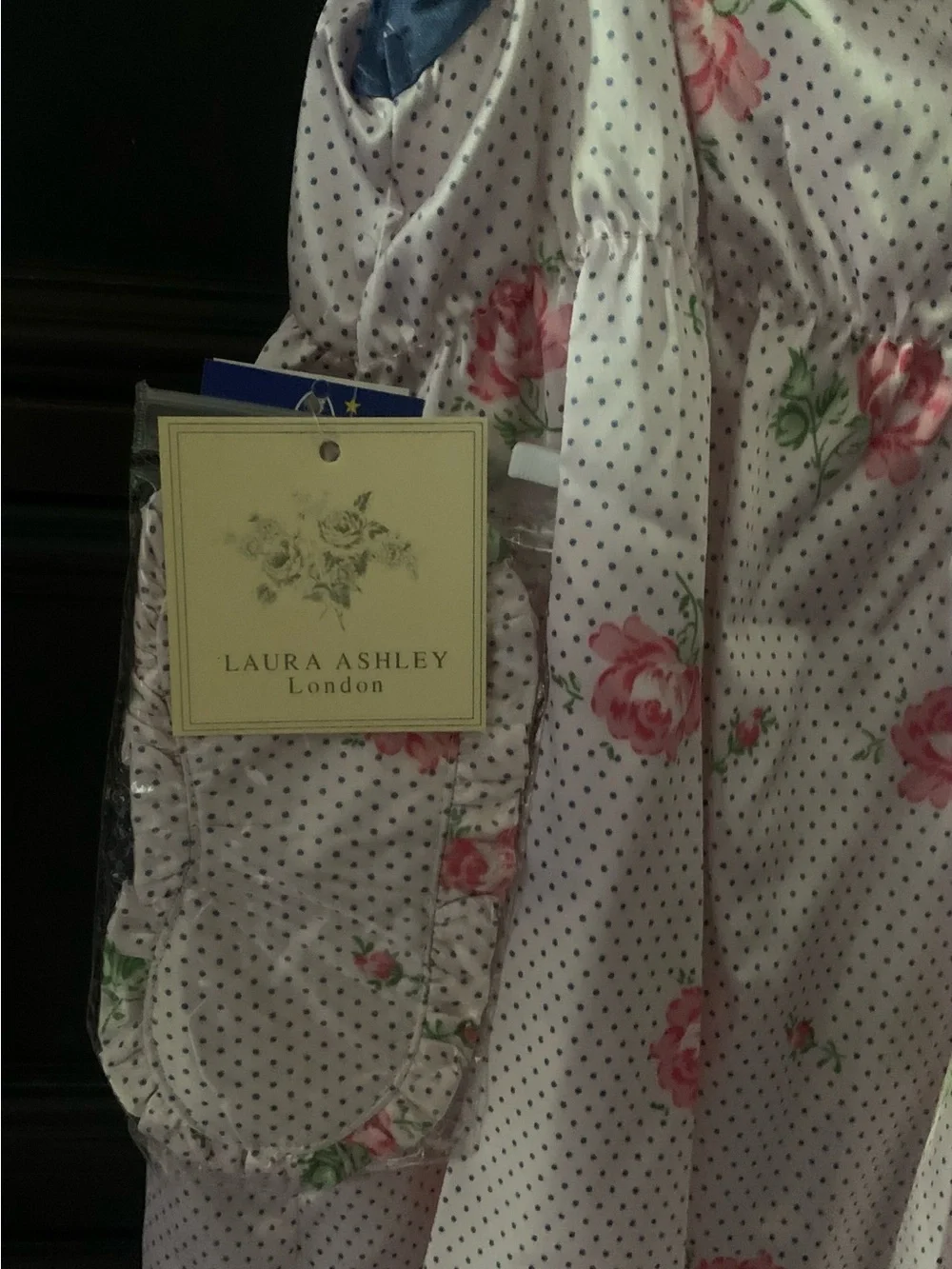 Laura Ashley White Floral Nightgown with Pink Roses and Blue Trim
